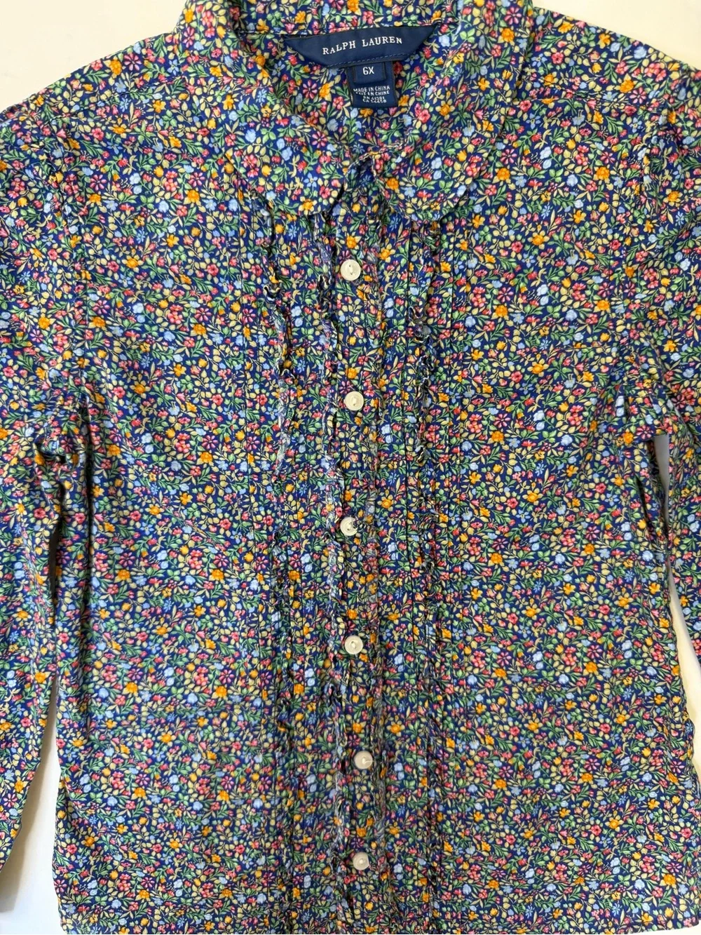 Ralph Lauren Girls 6X Floral Ruffle Button Down 100% Cotton Navy Cottagecore